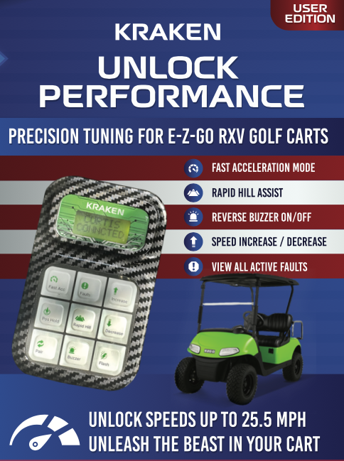 Kraken Programmer Screen for EZGO RXV Golf Carts, High speed 25.5 MPH, Reverse Buzzer, Fast Acceleration, Position Hold, Buzzer Delete, Rapid Hill Climb, Fault Diagnostics