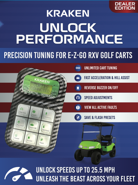 Kraken Programmer Screen for EZGO RXV Golf Carts, High speed 25.5 MPH, Reverse Buzzer, Fast Acceleration, Position Hold, Buzzer Delete, Rapid Hill Climb, Fault Diagnostics