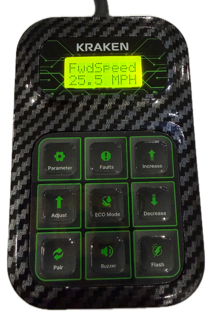 Kraken Golf Cart User Speed Programmer for EZGO RXV 25+ User Guide showing forward speed as 25.5 MPH speed increase