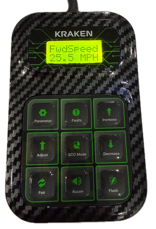 Kraken Golf Cart User Speed Programmer for EZGO RXV 25+ User Guide showing forward speed as 25.5 MPH speed increase