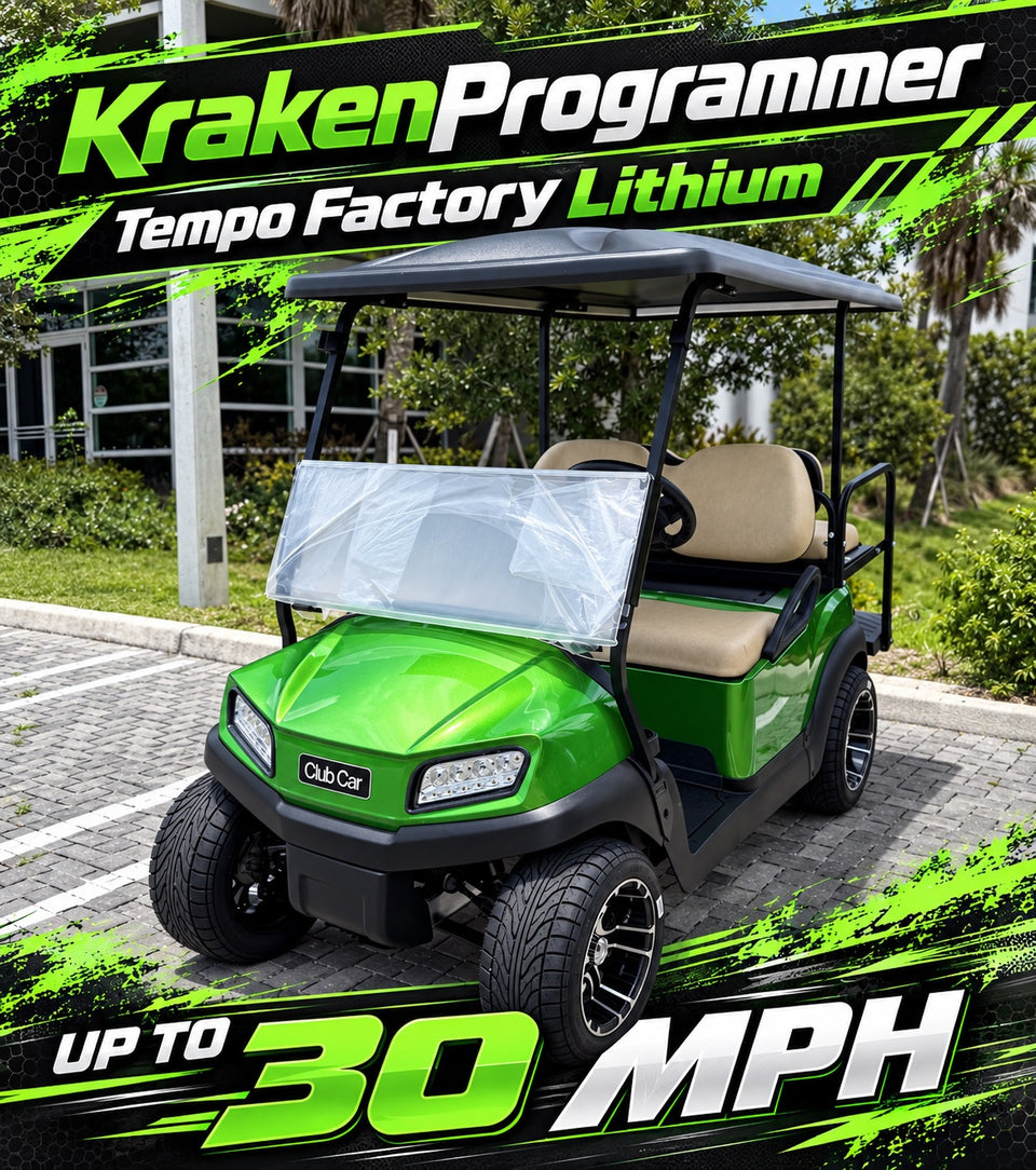 Kraken Programmer speed programmer for the Club Car Tempo factory lithium golf cart, up to 30 MPH with larger wheels